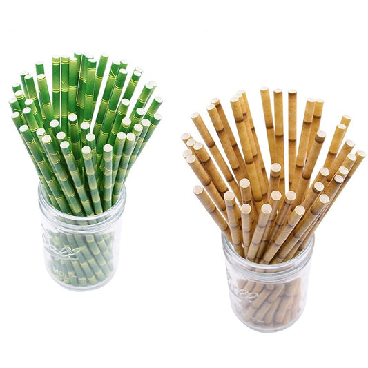 25pcs Green Brown Bamboo Pattern Paper Straws Juice Cocktail Drinking Straw for Wedding Birthday Bar Pub Jungle Party Supplies 7
